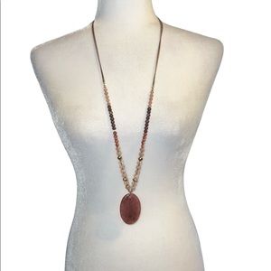 Long Glass Bead Necklace Large Oval Pendant on Adjustable Satin Rope